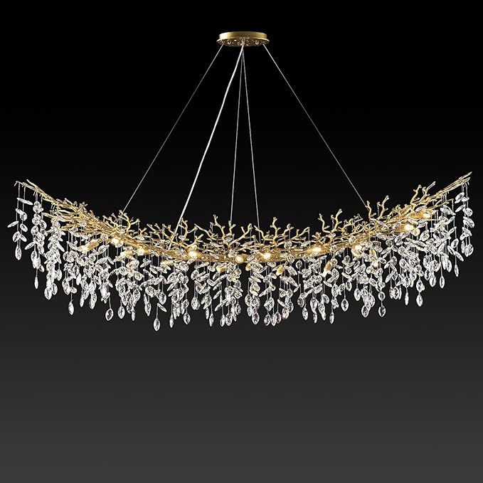 Modern Crystal Gold Chandelier,72" Large Rectangular Chandeliers for Dining Room, Tree Branch Crystal Lving Room Chandelier,Dining Room Over Table Chandeliers,Fixture Height-Adjustable