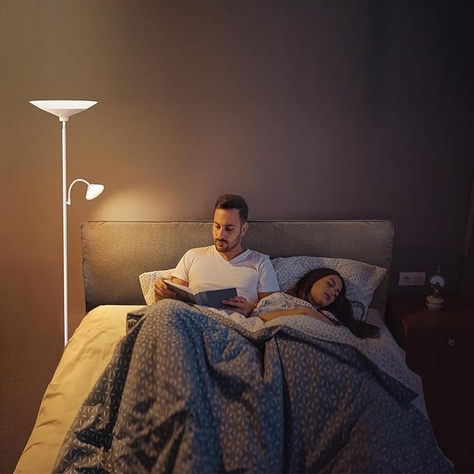 Torchiere Floor Lamp with Wood Grain Shade, 72" Dimmable LED Standing Lamp with Remote, 2-in-1 Floor Reading Lamp with Color Changing, 34W White Corner Lamp for Living Room Bedroom Office