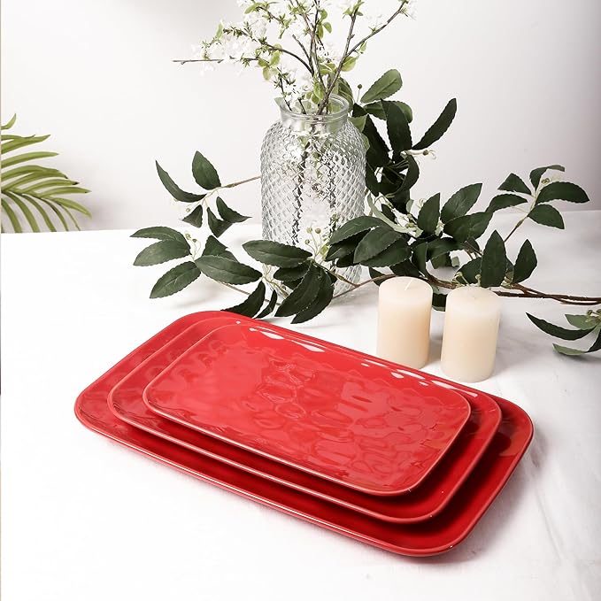 Vicrays Ceramic Rectangle Serving Platters - 14" 12" 10" Porcelain Serving Trays Plates for Party BBQ Appetizers Sushi Dessert - Microwave Oven and Dishwasher Safe - Set of 3 Red