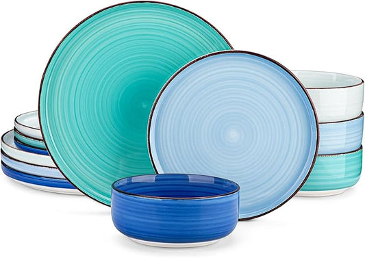 vancasso Bonita Blue Dinnerware Sets, Plates and Bowls Set for 4, 12 Pieces Stoneware Dinnerware Set, Dishwasher and Microwave Safe
