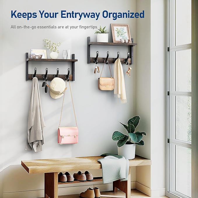 Tatub 16" Rustic Coat Rack Wall Mount with Shelf, Wall Hooks with Shelf, Heavy Duty Entryway Organizer Hangers for Hanging, Hat, Bag, Jacket for Bathroom, Living Room, Bedroom