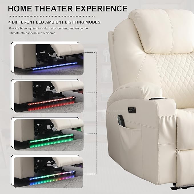 Power Recliner Chair with Heat and Massage, PU Leather Home Theater Seating with LED Lights/Cup Holders/Side Pocket/USB Port, Reclining Sofa Chair for Living Room (3, Beige)