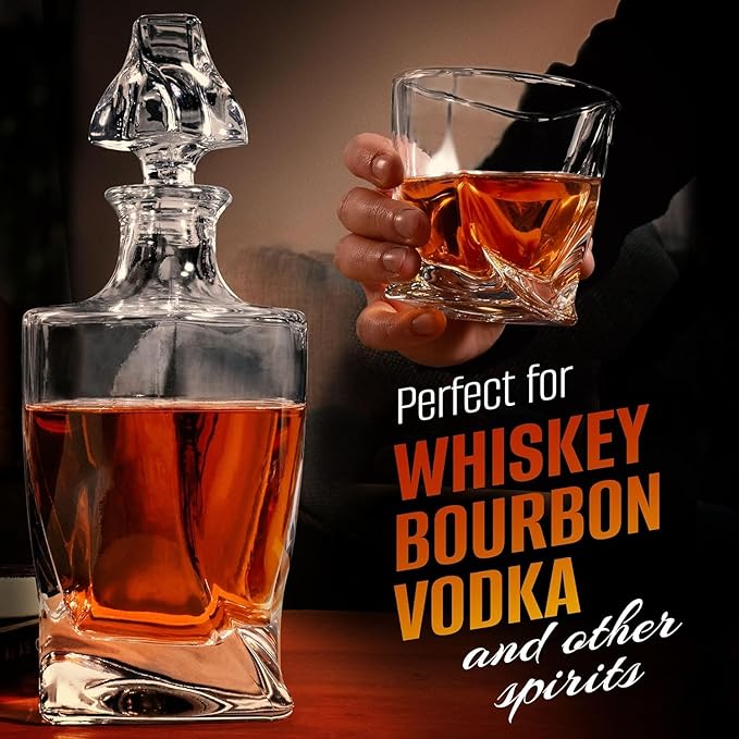 Whiskey Decanter Set for Men with 4 Drinking Glasses for Cognac, Bourbon, Rum, Scotch, Liquor Crystal Clear Decanter Sets House Warming Gifts New Home Whiskey Gifts for Men Dad Him
