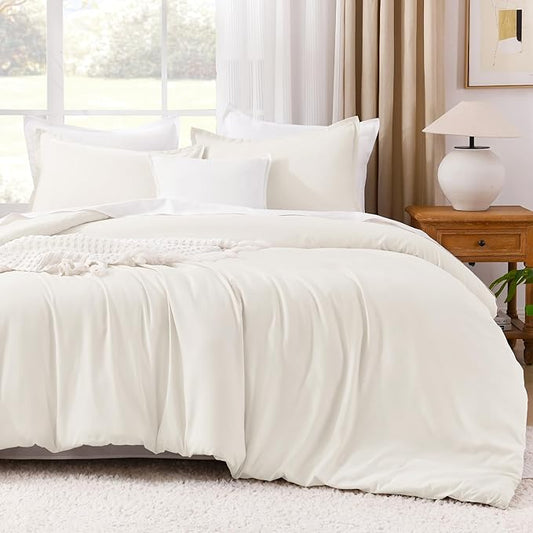 Litanika Ivory Comforter Set King Size, 3 Pieces Lightweight Solid Bedding Comforter Set, All Season Fluffy Bed Set (104x90In Comforter & 2 Pillowcases)
