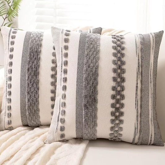 Boho Throw Pillow Covers 18x18 Set of 2 Farmhouse Decorative Cushion Case Striped Square Pillows Cover Chenille Pillow Cases Accent Neutral Pillowcase for Sofa Couch Bed,Gray