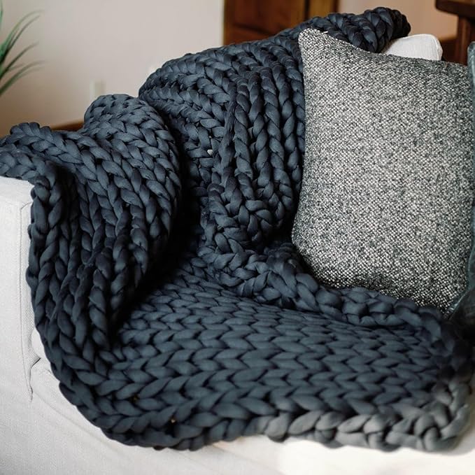 Nuzzie Chunky Knit Blanket - Breathable, Cooling, Hand Made Knit Throw Blanket for Sleep - Machine Washable, Stylish Decor Design (Charcoal, Full | 16lbs | 48"x72")