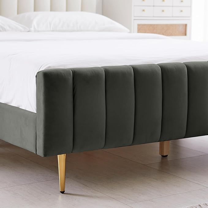 Livinia Full Size Elton Velvet Platform Bed, Upholstered Bed Frame with Vertical Channel Tufted Headboard Footboard, Strong Wood Slats, No Box Spring Needed, Gray (Full)