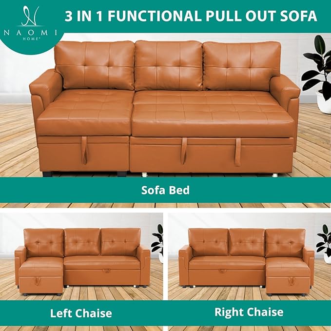 Naomi Home L-Shaped Reversible Sectional Sofa with Pull-Out Sleeper Bed and Storage Chaise, Caramel Air Leather