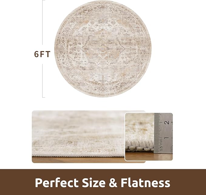 AMOAMI-6FT Round Rug-Rugs for Living Room-Vintage Soft Beige Rugs for Bedroom-Non Slip Circle Rug-Machine Washable Rug for Dining Room Living Room Bedroom Office Under Table