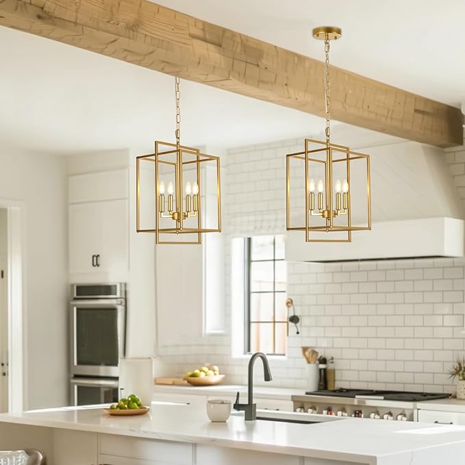 Farmhouse Gold Chandelier, 4-Light Vintage Chandeliers for Dining Room, Adjustable Modern Rustic Metal Hanging Pendant Light Fixture for Entryway Foyer Kitchen Island Hallway