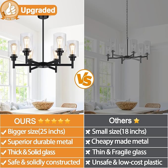Black Chandeliers, 6 Light Dining Room Light Fixtures Over Table, Farmhouse Chandeliers for Dining Room with Clear Glass Shade for Kitchen Island Living Room Bedroom Bathroom, Height Adjustable