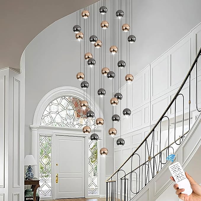 Farmhouse Crystal Chandelier, Luxury Hanging Lights High Ceiling Pendant Lighting for Foyer Staircase 32 Lights Black and Gold Dimmable 2700k-6000k