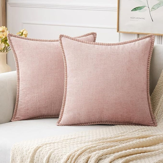 MIULEE Pack of 2 Couch Throw Pillow Covers 18x18 Inch Pink Valentine Farmhouse Decorative Pillow Covers with Stitched Edge Soft Chenille Solid Dyed Spring Pillow Covers for Sofa Bed Living Room