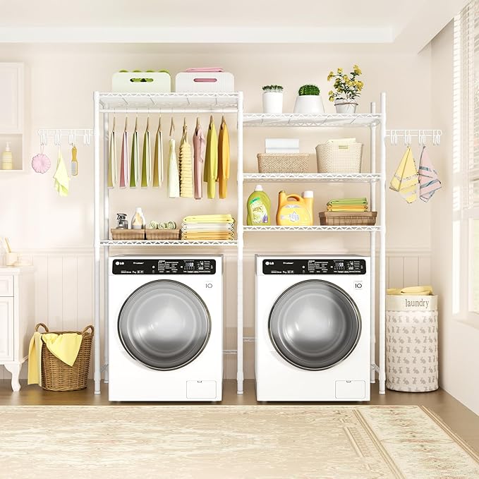 Ulif U6 Clothes Drying Rack, 5-Tier Over Washer and Dryer Laundry Room Storage and Organizer, Heavy-Duty Space Saver, 65.3" W x 13.4" D x 77.5" H, White