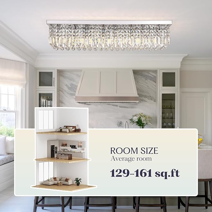 Modern Crystal Chandelier, 8-Lights Rectangle Chandelier Rectangular Flush Mount Pendant Ceiling Light Fixture K9 Crystal Raindrop Chandeliers for Dining Living Room Kitchen Island 𝐋𝟒𝟎 𝐈𝐧𝐜𝐡