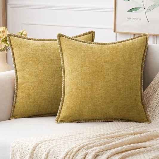 MIULEE Pack of 2 Couch Throw Pillow Covers 20x20 Inch Mustard Yellow Farmhouse Decorative Pillow Covers with Stitched Edge Soft Chenille Solid Dyed Fall Pillow Covers for Sofa Bed Living Room