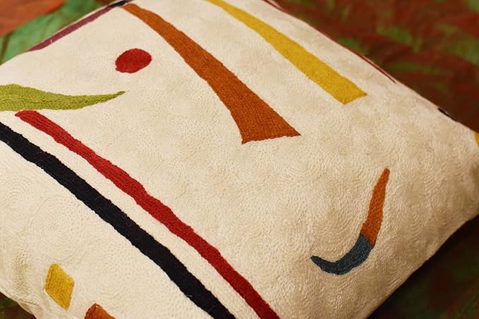 Kandinsky Contemporary Throw Pillow Cover - Cream | Modern Pillow Cases | Abstract Throw Pillows | Modern Boho Pillow | Abstract Chair Cushions | Hand Embroidered Cushion | Wool Size 18x18