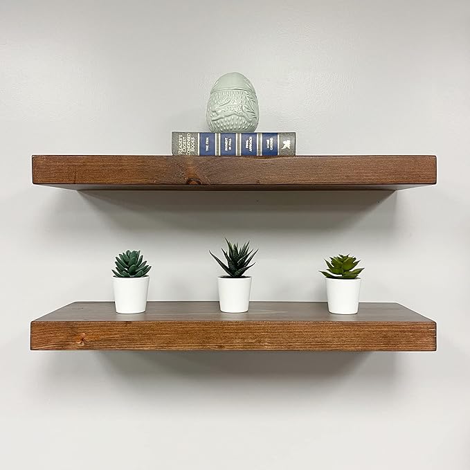 URBANDI, Rustic Floating Shelves, Set of 2, Hidden Bracket, Solid Wood, Heavy Duty, Wall Mounted Shelves, (Provincial, 12Wx10D)