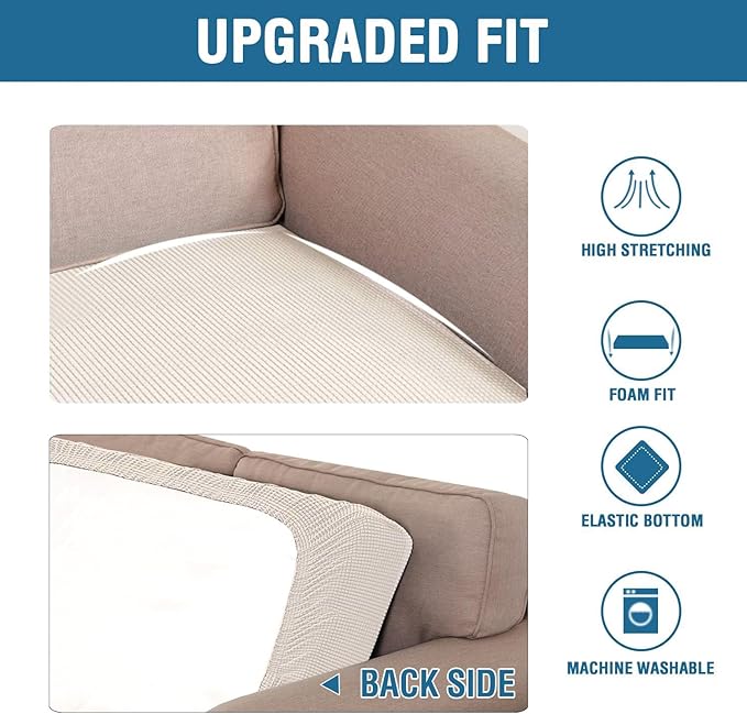 H.VERSAILTEX Super Stretch Individual Seat Cushion Covers Sofa Covers Couch Cushion Covers Slipcover Sets Thick Jacquard Textured Twill Fabric (2 Piece Medium Sofa Cushion Covers, Ivory)