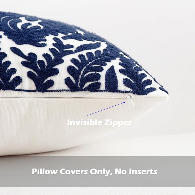 HWY 50 Navy Blue Decorative Throw Pillow Covers 18x18 Inch (1 Piece), Embroidered Cotton Farmhouse Cushion Cover Pillow Case for Sofa Couch Living Room Bed Bedroon, Floral Branches