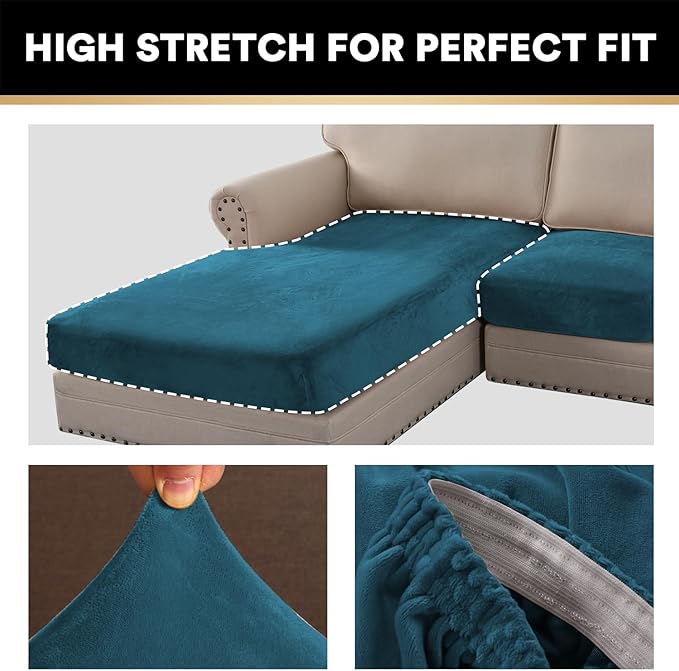 PrinceDeco Sectional Couch Covers 3 Pieces Velvet Sofa Covers L Shape Soft Couch Covers for Sectional Sofa Corner Sofa Cover Couch Cover for Dogs Washable (2 Seater + 1 Chaise,Deep Teal)