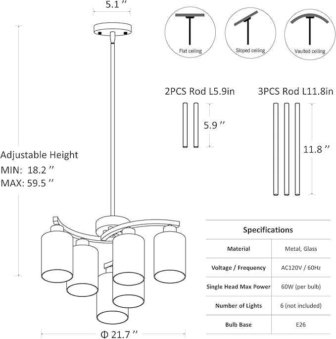 6-Light Modern Farmhouse Black Chandelier, Contemporary Dining Room Light Fixture, Adjustable Height Hanging Industrial Pendant Lights Kitchen Island, Clear Glass Shade