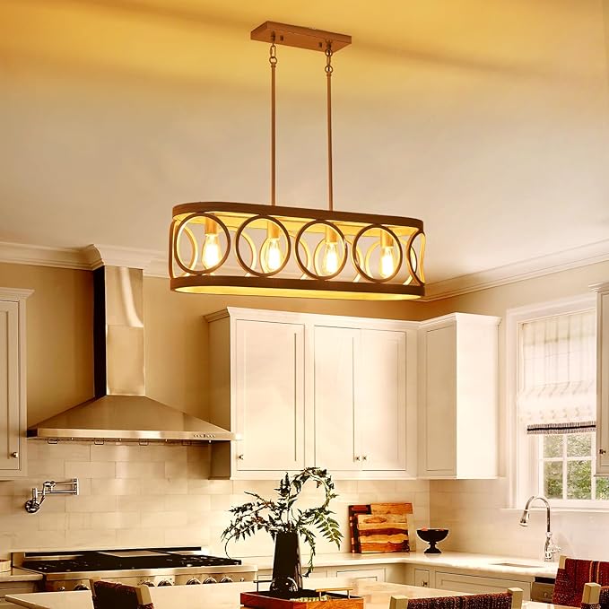 XINGQI Kitchen Island Chandelier for Dining Room Modern Farmhouse Rectangle Pendant Lighting Fixture Vintage Linear Hanging 4-Light Rustic Living Room, Antique Brushed Nickel and Wood Grain Finish