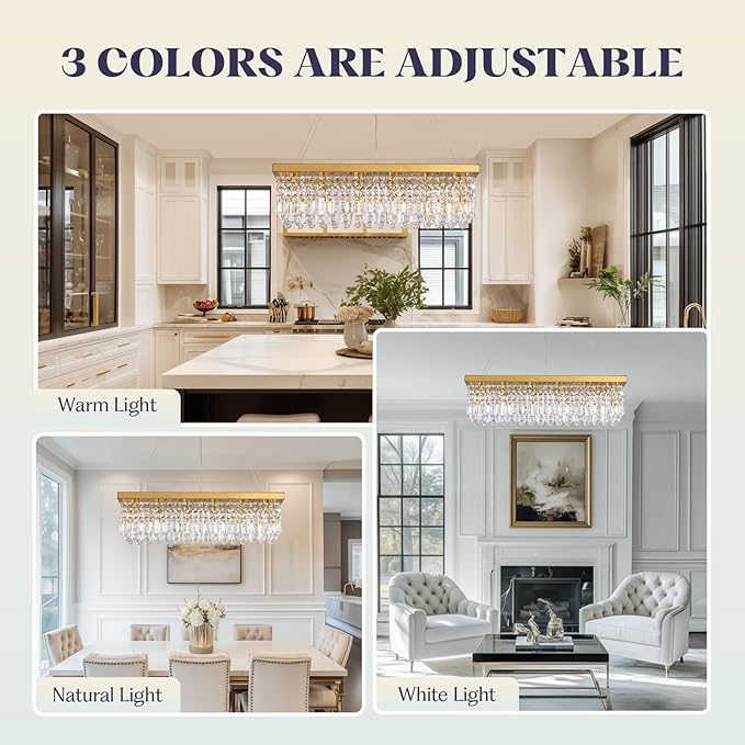 Modern Gold Crystal Chandelier,Rectangular K9 Crystal Raindrop Light Fixture,6 Light Rectangle Chandeliers for Dining Room Living Room Kitchen Island L31.5''xW10''xH10''