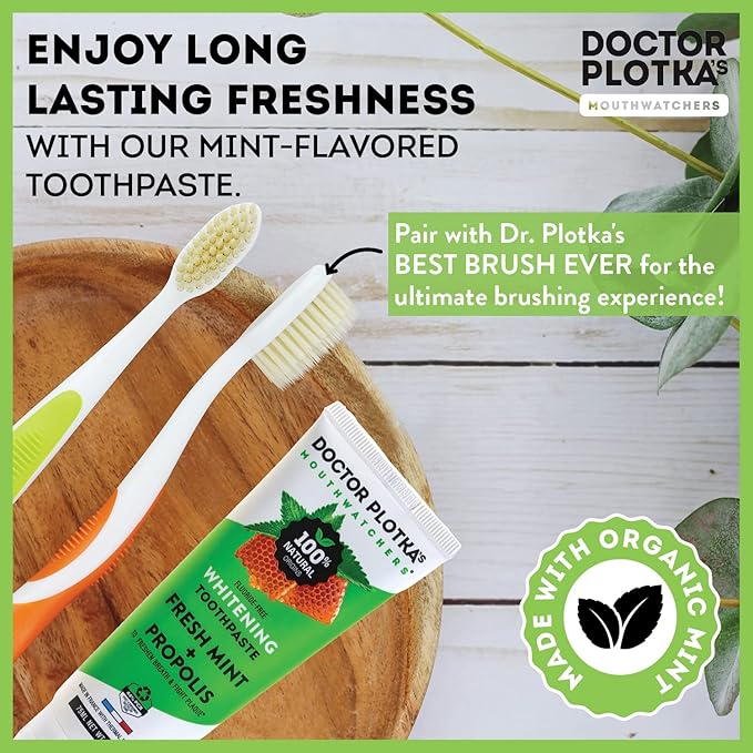MOUTHWATCHERS Whitening Fluoride Free Naturally Sourced Toothpaste, 4 Tubes, 3 oz Each, for Sensitive Teeth and Gums, Fresh Organic Mint and Propolis, by Dr. Plotka's