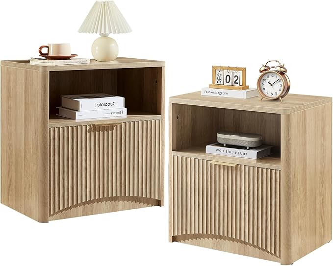 Fluted Nightstand Set of 2, Natural Oak Bedside Table with Drawer and Storage, Wood End Table Mid Century Modern, Large Night Stand for Bedroom