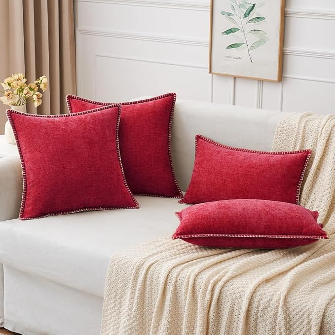 MIULEE Pack of 2 Christmas Pillow Covers 12x20 Inch Red Farmhouse Decorative Throw Pillow Covers with Stitched Edge Soft Chenille Solid Dyed Couch Pillow Covers for Sofa Bed Living Room
