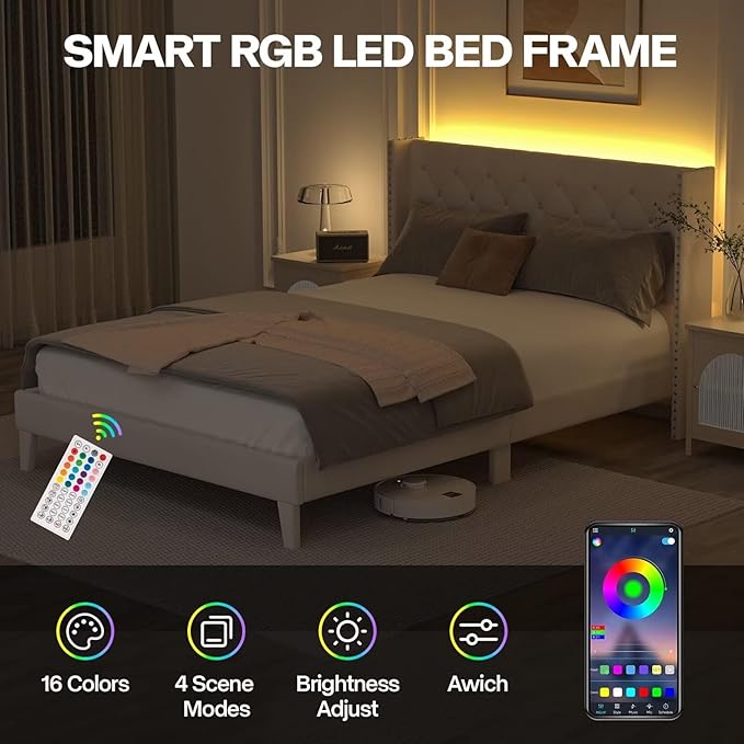 Queen Size Bed Frame with LED Lights, Upholstered Bed Frame with Wingback Diamond Tufted Headboard, Wood Slats Support, Noise-Free, Easy Assembly, No Box Spring Needed, Beige