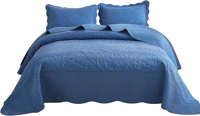 MarCielo 3-Piece 100% Cotton Oversized Bedspread Lightweight Quilt Coverlet Embroidery Farmhouse Bedding Set T0 (Midtone Blue, Oversized Queen (100"x106"))