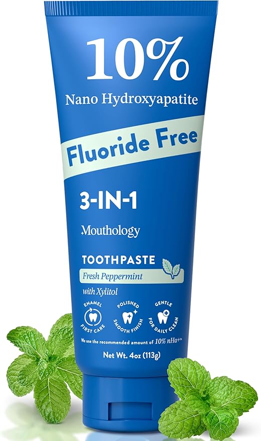 Mouthology 10% Nano Hydroxyapatite Toothpaste (Fluoride Free), Whitening*, Supports Enamel Care*, Appropriate for Sensitive Teeth*, SLS Free, Xylitol nHA Toothpaste for Adults, Mint 4oz (USA Made)