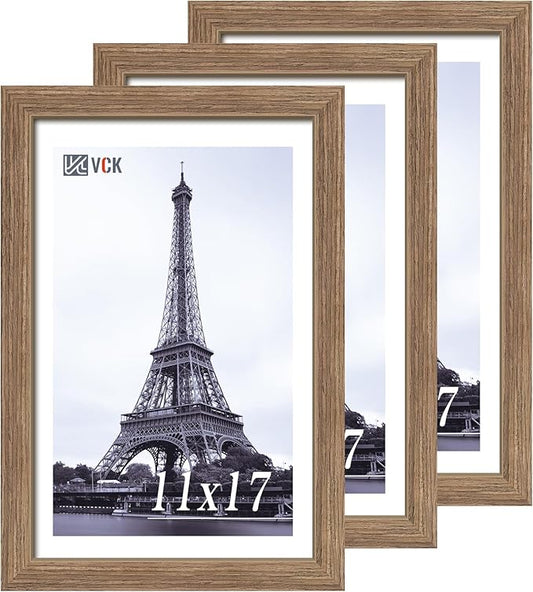 VCK 11x17 Picture Frame Set of 3 - Brown Walnut, Natural Textured Solid Wood Picture Poster Frame, Wall Gallery Frame