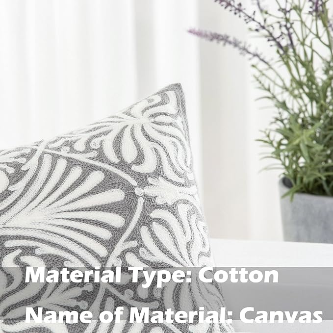 HWY 50 Grey Gray Decorative Lumbar Pillow Cover Rectangle 12x20 Inch (1 Piece), Embroidered Cotton Farmhouse Cushion Cover Pillow Case for Sofa Couch Living Room Bed, Minimalist Floral