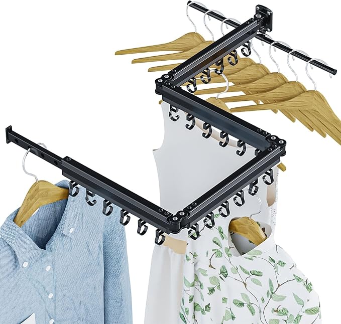 Gezen Clothes Drying Rack, Wall Mounted Drying Rack Clothing Retractable, Foldable Clothes Hanger Rack with 24 Hooks for Laundry Room Organization and Storage, Space Saving, Collapsible, Quad-Fold