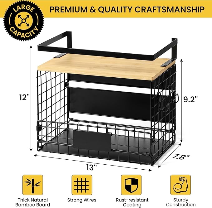 [WIDER Shelf]2 SET Strong Magnetic Shelf Basket for Fridge with Tag & Bamboo Top, XXL Large Magnetic Spice Rack Shelves for Side of Refrigerator, Kitchen Pantry Storage Organizer for Food Fruit Veg