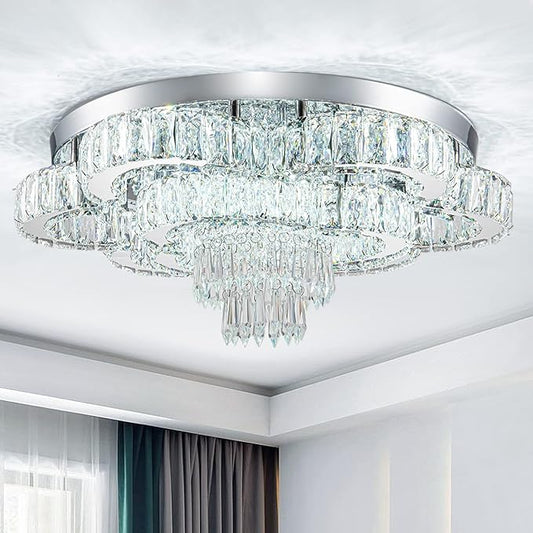 21 Inch Crystal Chandelier LED Flush Mount Ceiling Light Fixtures Luxury Chandeliers for Living Room Bathroom Bedroom Entrance Dining Room(Cool White)