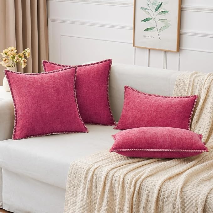 MIULEE Pack of 2 Couch Throw Pillow Covers 18x18 Inch Hot Pink Farmhouse Decorative Pillow Covers with Stitched Edge Soft Chenille Solid Dyed Spring Pillow Covers for Sofa Bed Living Room
