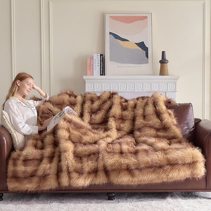 Fluffy Faux Fur Throw Blanket – Super Soft Warm Thick Plush Blanket for Bed, Couch & Office, Cozy Fuzzy Throw with Flannel Backing,90"x90", Brown