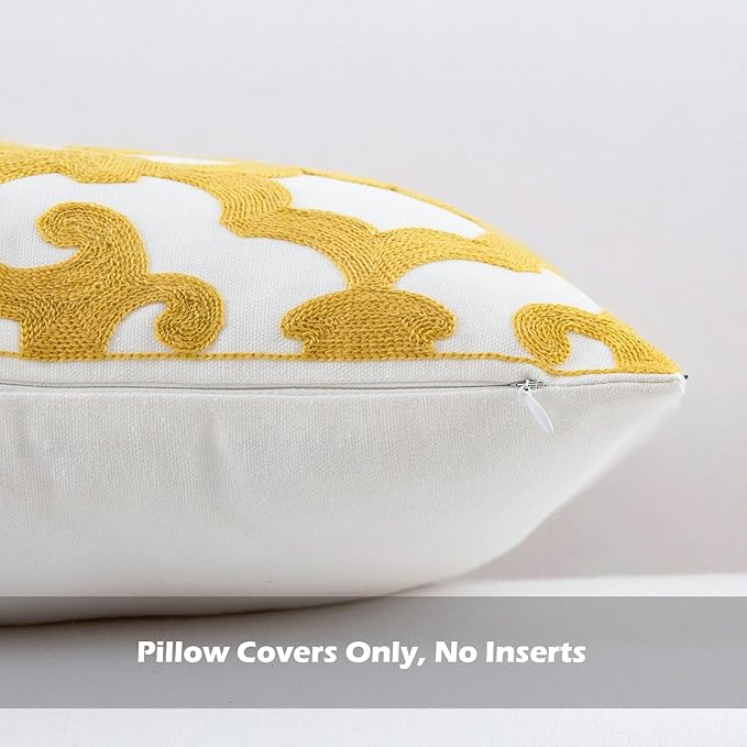 HWY 50 Mustard Yellow Decorative Throw Pillow Covers 18x18 Inch (1 Piece), Embroidered Cotton Farmhouse Cushion Cover Pillow Case for Sofa Couch Living Room Bed, Geometric