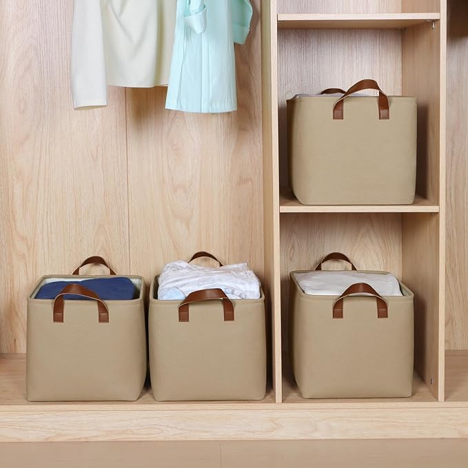 KEEGH Storage Baskets for Organizing, Fabric Storage Bins for Shelves with Leather Handle, Shelf Baskets for Closet Organization, 15" L x 11" W x 10" H, Brown, 4 Pack