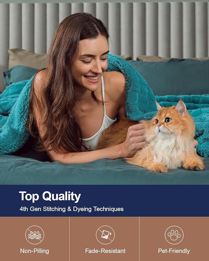 Pawque Super Soft Cozy Throw Blanket for Couch Bed - Fluffy Sherpa Fleece Reversible Thick Warm Fuzzy Blanket for All-Season, 3D Checkered Jacquard Elegant Decorative Blankets, Teal Green, 50" x 60"