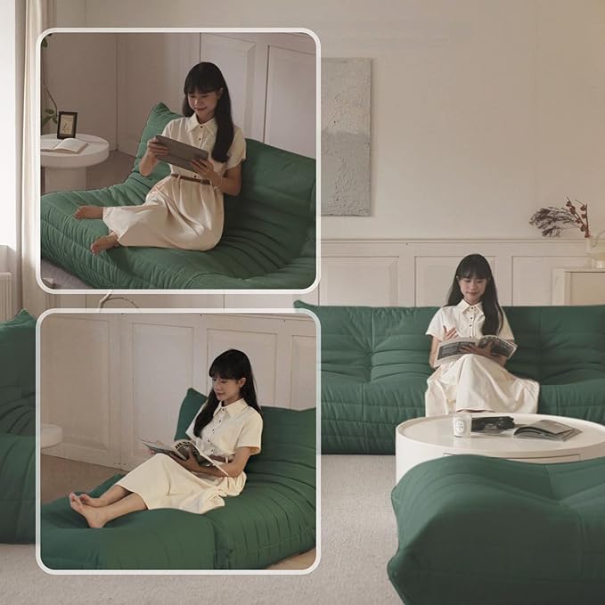 Luxury Sofa Couch Chair, Lazy Floor Seating, Fireside Bean Bag Chair, Ergonomic Tatami Sofa Lounger for Living Room, Bedroom, Office, 3 Seat, Green