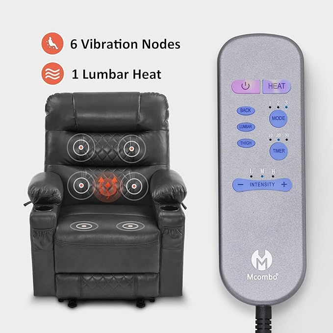 MCombo Zero Gravity Power Recliner Chair with Heat and Vibration Massage, Reclining Chair with USB Ports, Cup Holders for Living Room, Faux Leather PR621 (Grey)