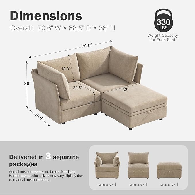 Luxury Modular Sectional Sofa, L-Shaped 3-Seat Couch with Storage Ottoman Deep Seat & Reversible Chaise Lounge Chenille Beige for Compact Spaces, Apartments, Dorm