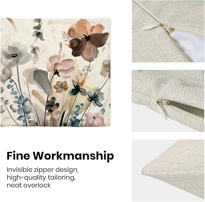 CXMEIFLY Spring Floral Pillow Covers 18 x 18 Inch Set of 2 for Watercolor Flowers Decor Throw Pillows Teal Brown Leaves Plant Floral Outdoor Decorative Cushion Cases for Couch Bed Decorations