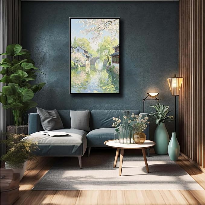 Small bridge stream house Jiangnan style landscape poster suitable for living room bedroom office natural oil painting poster
