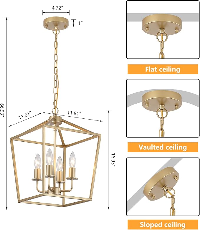 Industrial 4 Lights Chandelier, Gold Lantern Ceiling Light Fixtures with Rustic Metal Cage Adjustable Height Farmhouse Geometric Hanging Light for Kitchen Island, Dining Room, Entryway, UL Listed